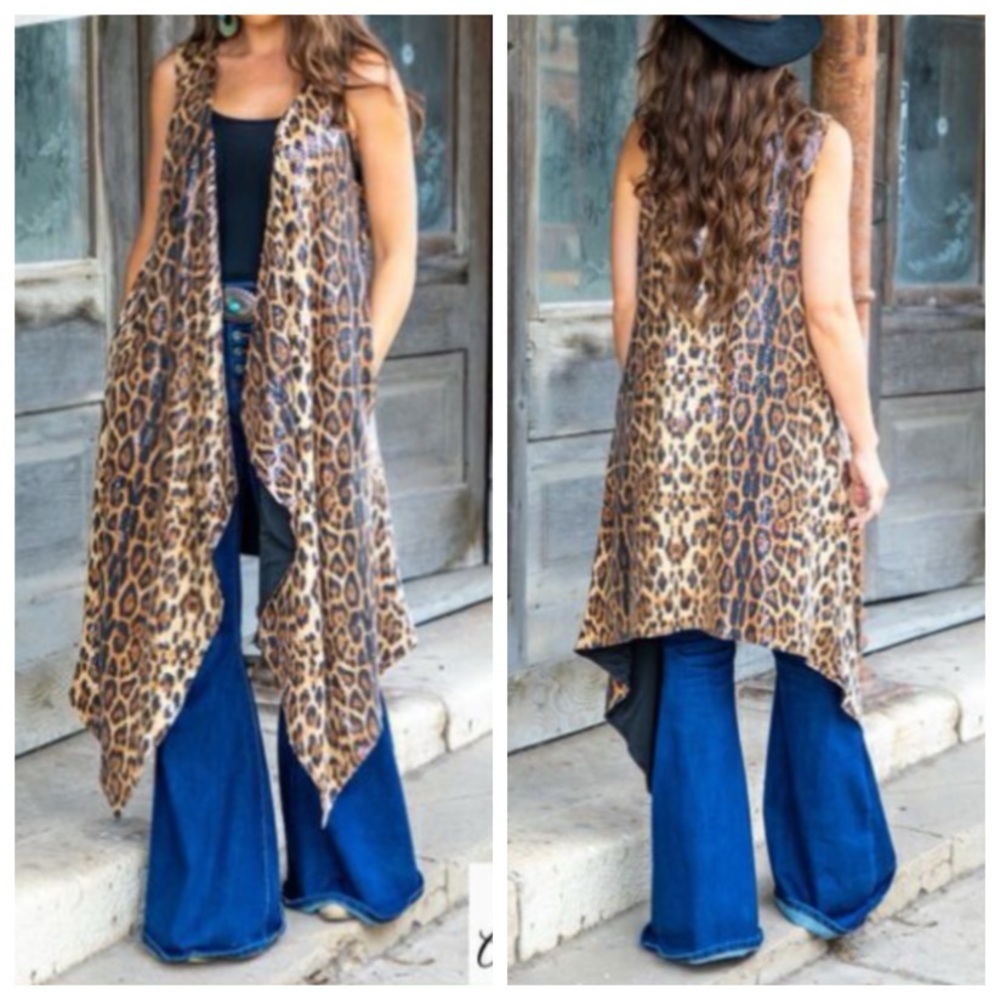 L&B Lucky & Blessed Women’s Sequin  Leopard‎ Asymmetrical Sleeveless Kimono Vest